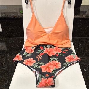 BEACHSISSI NWOT-Orange and Black One Piece Swimsuit with Color-Block Design